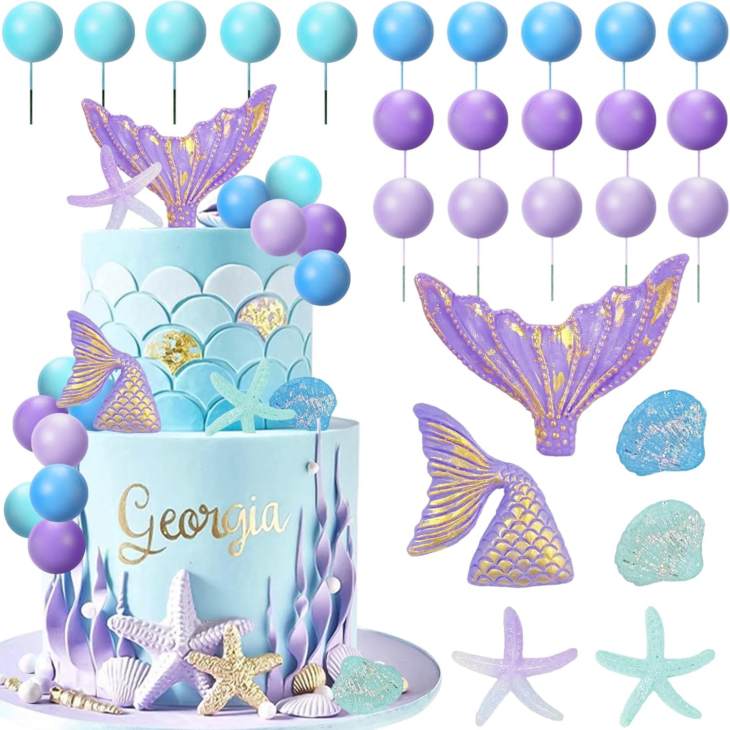 

Mermaid Cake Topper 26Pcs Under The Sea Cake Decors Seashell Mermaid Tail Cake Decoration for Ocean Theme Party Supplies