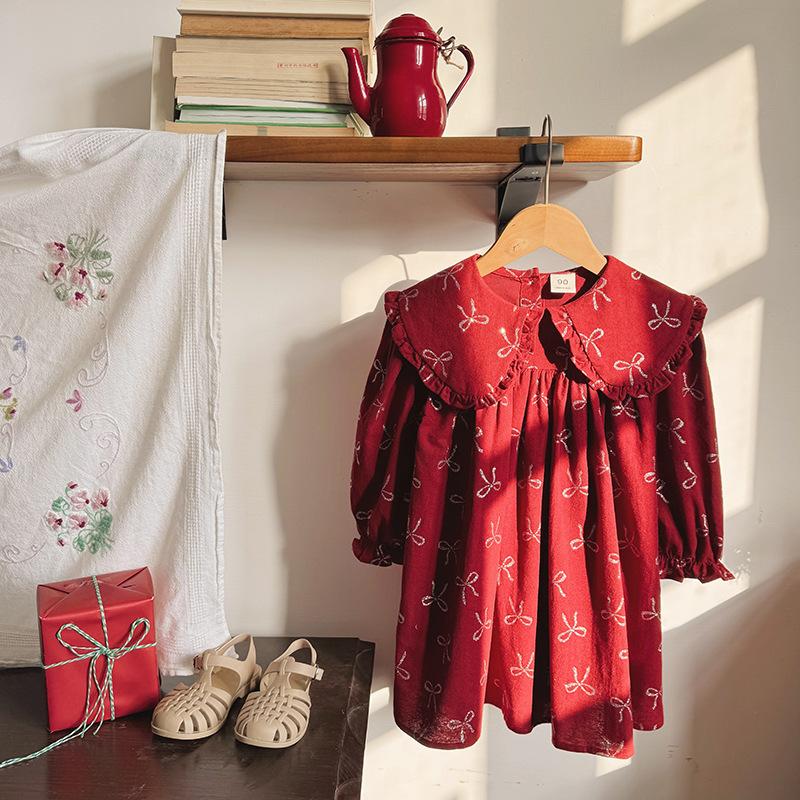 Girls Cotton Long Sleeve Dress With Collar Lace Print Sweet Princess Children Clothing 110cm красный