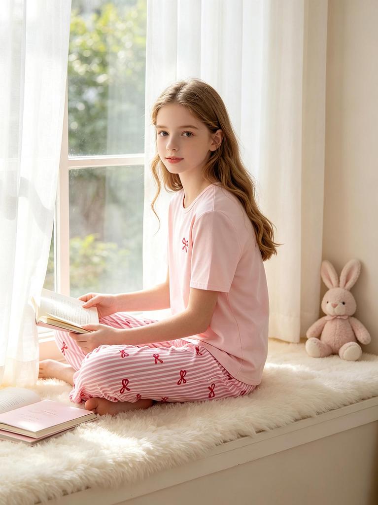 Soft Stretchy Bow Print Pajama Set Crew Neck Solid Short Sleeve Top & Striped Long Pants Cute Casual Summer Loungewear Sleepwear Outfit for Women