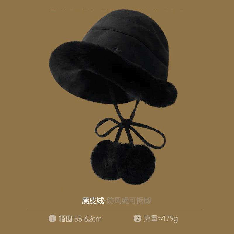Autumn and winter thickened plush hat women's plush bucket hat curled edge cold-proof elegant windproof warm ear protection Mongolian basin hat
