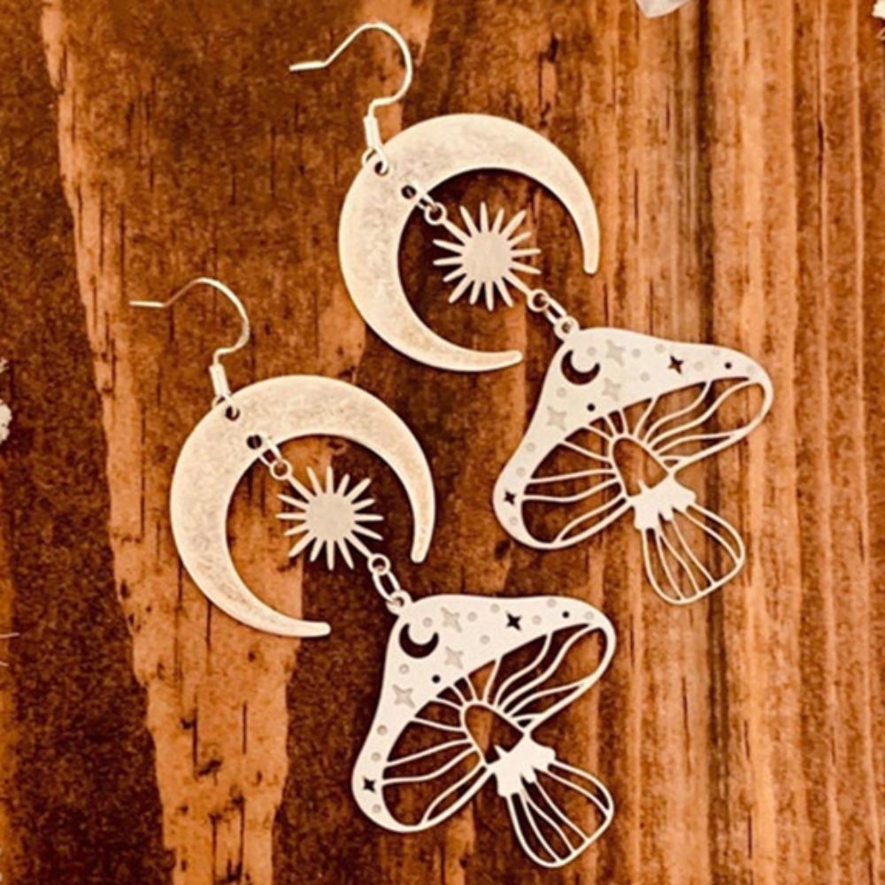 Fashion Personality Hollowed-out Sun Moon Star Mushrooms Psychedelic Plant Dangle Earrings for Women Jewelry Accessories Gifts