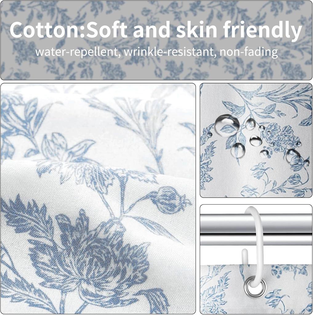 Blue Shower Curtain,Cotton Floral Cottagecore,Elegant Floral Fabric Shower Curtain Machine Washable Waterproof Bathroom Decor