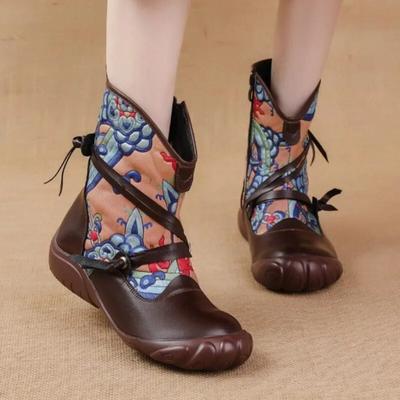 Botas planas de mujer de cuero genuino retro estampadas de estilo étnico Zapatos de algodón cómodos y cálidos