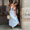 Vestido de verano nuevo a rayas con cuello en V profundo para vacaciones venta caliente transfronteriza sin espalda sin mangas cuello largo