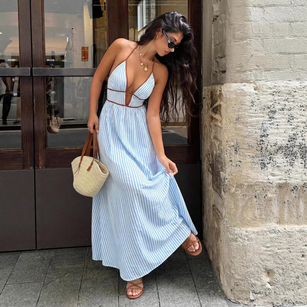 Vestido de verano nuevo a rayas con cuello en V profundo para vacaciones venta caliente transfronteriza sin espalda sin mangas cuello largo