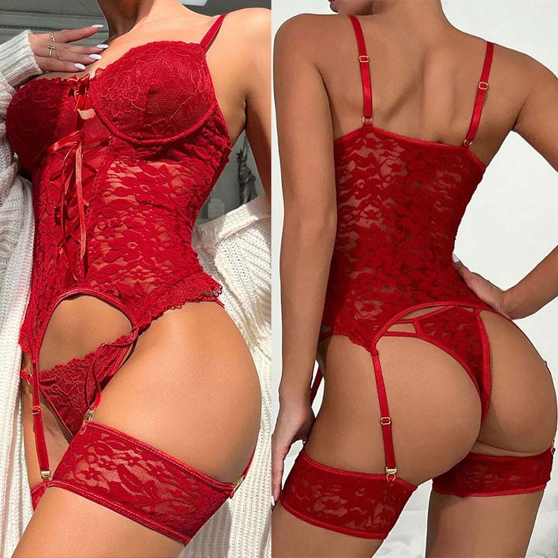 Erotic Lingerie Set Women Intimates Sexy Sheer Lace Bra Garter Belt Thong Sexy Underwear Bodysuits