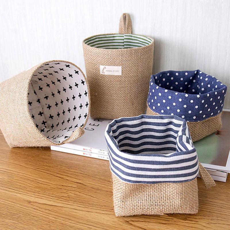 1pcs Home Decor Stripe Hanging Pocket Small Sack Sundries Organizer Cosmetic Organiser Cotton Linen Storage Bag Storage Baskets
