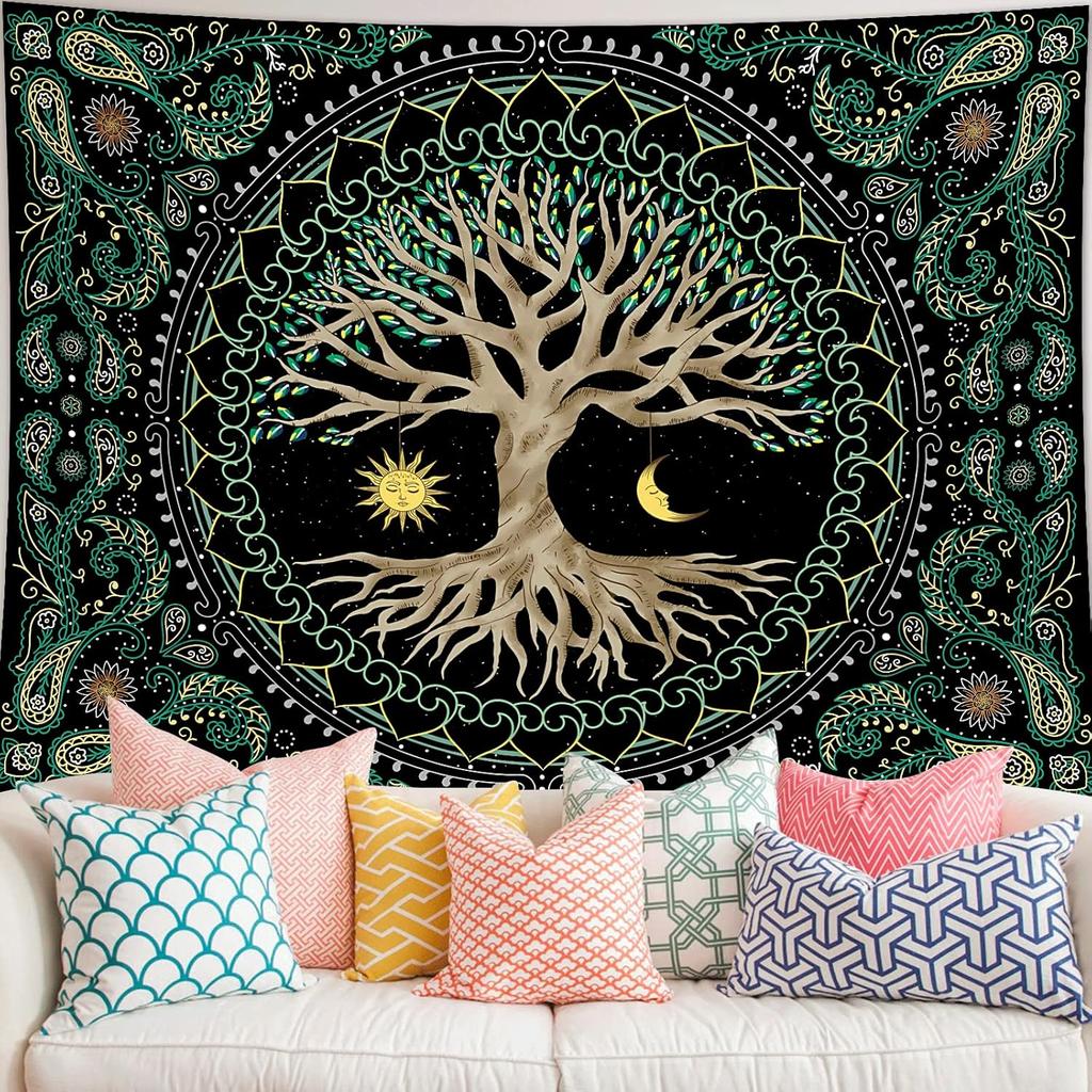 VIKAMA Sun Moon And Stars Tree Of Life Tapestry Ambient GalaxyStyle Wall Decoration Living Room And Bedroom Decorative Hanging