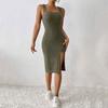 Summer Women Sleeveless Square Neck Sheath Dress Solid Color Elastic Side Split Skinny OL Commute Breathable
