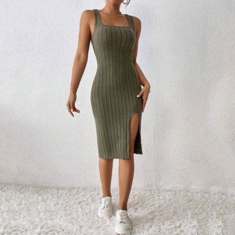 Summer Women Sleeveless Square Neck Sheath Dress Solid Color Elastic Side Split Skinny OL Commute Breathable