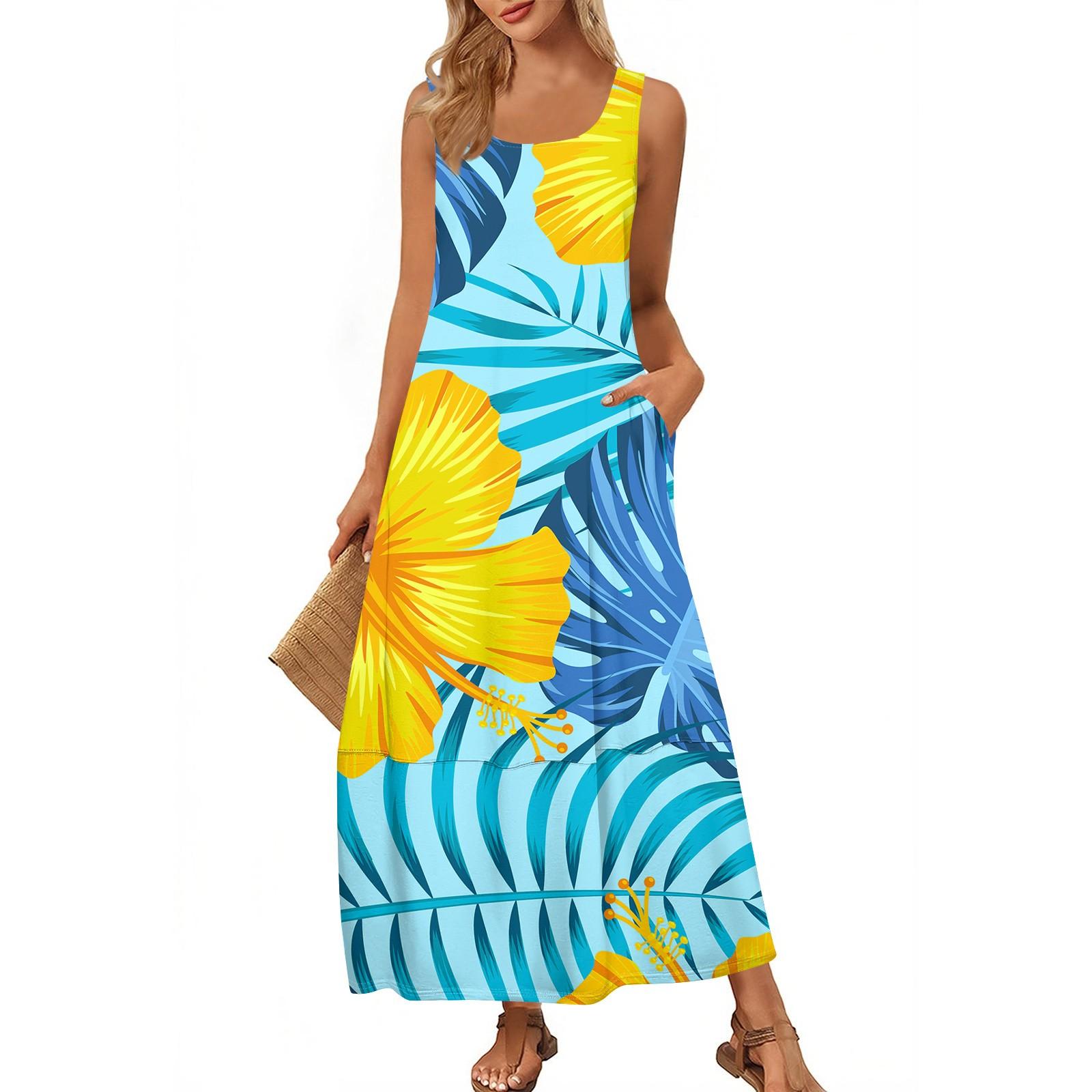 

Women s Fashion Casual Maxi Skirt Summer Beach Skirt Round Neck Sleeveless Loose Floral Print Sundress XL жовтий
