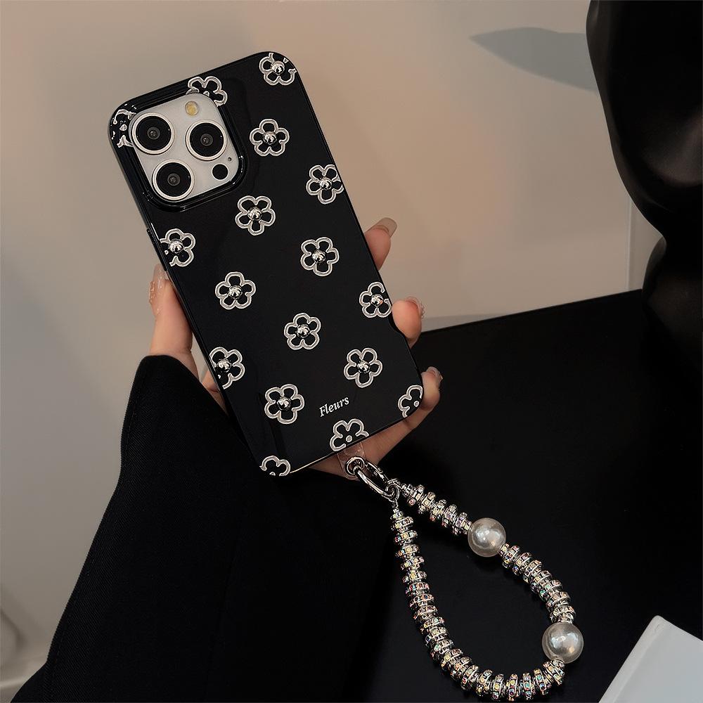 Three dimensional Silver Bead Flowers Suitable for 14promax Apple 16 Mobile Phone Case IPhone 13 Hanging Chain 11 Metal Wind 12 Soft