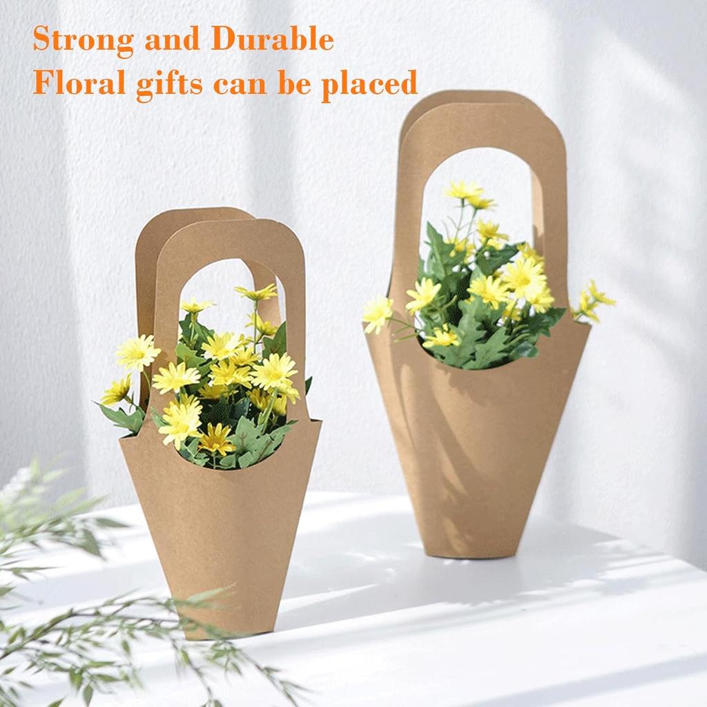 Merkaunis 50 Pcs Flower Bouquet Bags with Handle, Kraft Paper Flowers Gift Bags, Paper Brown Creative Cone Flower Sleeves, Hanging Kraft Paper