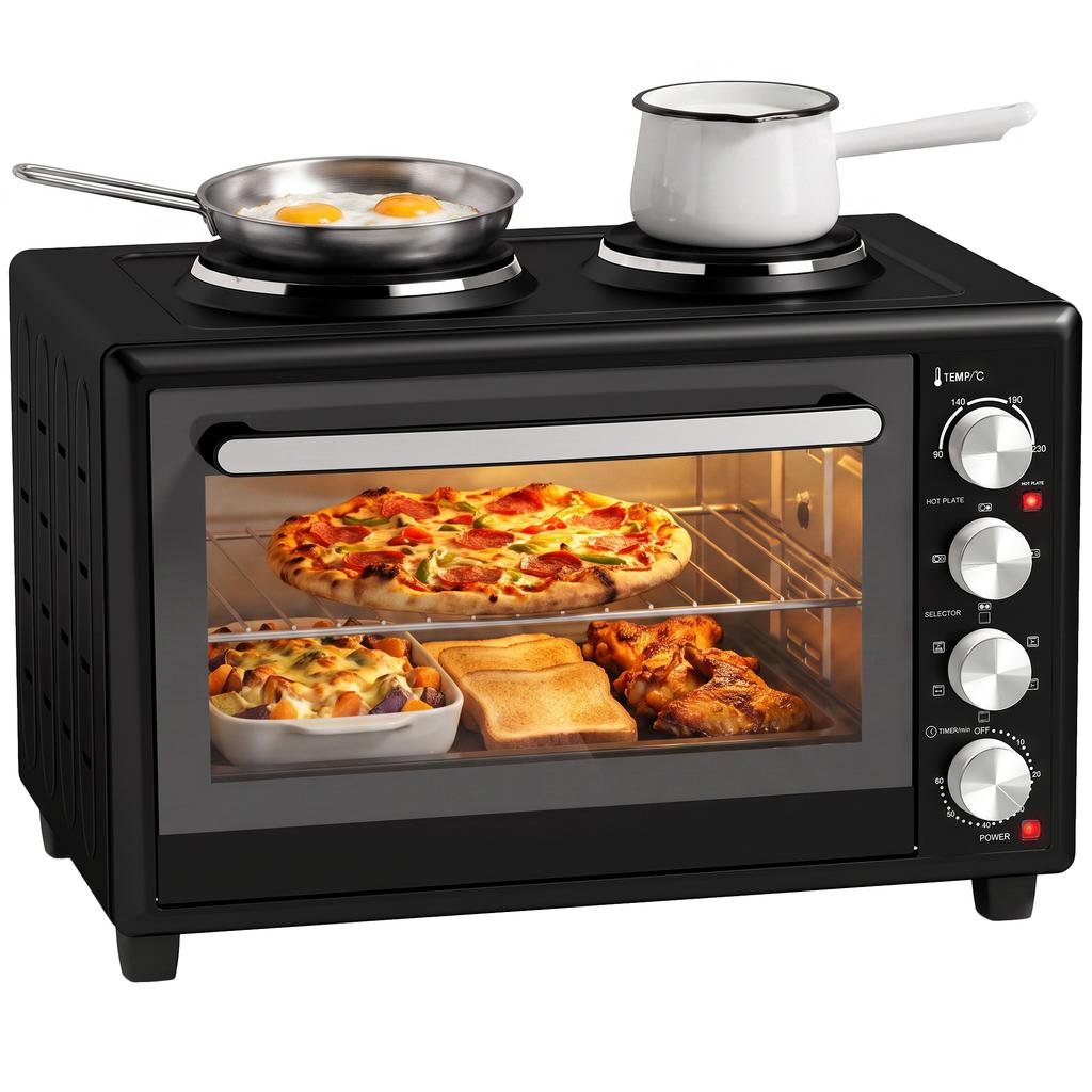 46L Mini Oven with Dual Hot Plates, Electric Countertop Cooker with Convection, 90–230 degrees C Adjustable Temperature