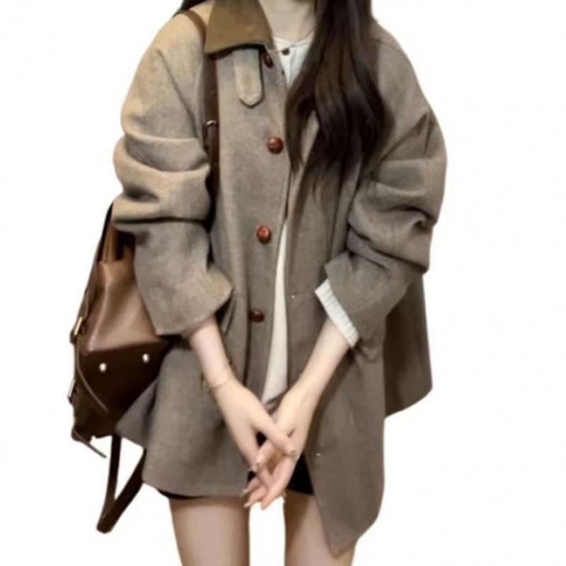 Color Matching Collar Woolen Coat Women's Spring and Autumn New Woolen Coat