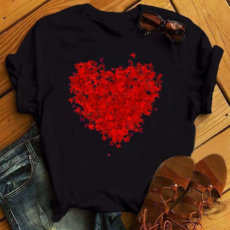 Women T Shirt Aesthetic Butterfly Love Heart Graphic Print Female Tshirt Clothing Summer Fashion Short Sleeve Kawaii T-Shirt