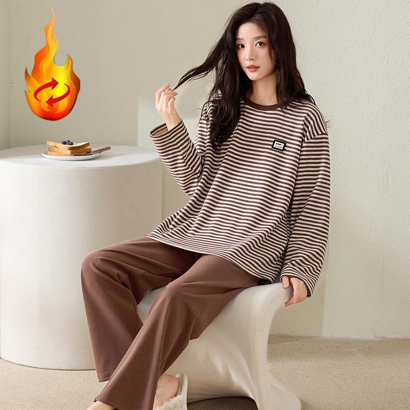 

German Velvet Pajamas Women S Autumn And Winter Polished Long-Sleeved Warm Striped Pullover Can Be Worn Outside Loungewear Suit 2XL