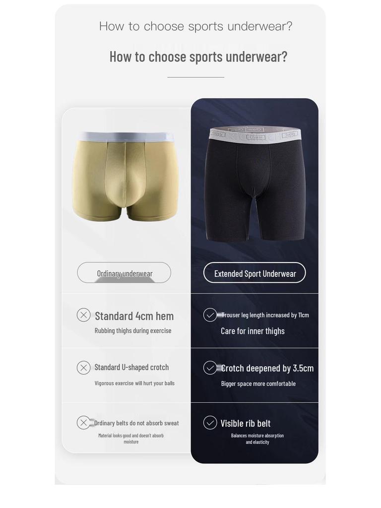 Men's Seamless Mid-Waist Modal Boxer Briefs: Extended Length, Anti-Chafe, Anti-Slip, Antibacterial.