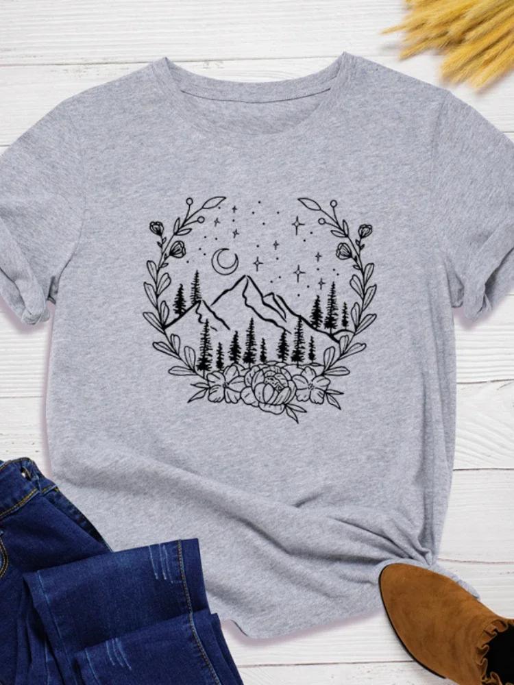 Kranz Mond Berg Druck Damen T-Shirt Kurzarm O-Ausschnitt Locker Damen T-Shirt Damen T-Shirt Tops Kleidung Camisetas Mujer