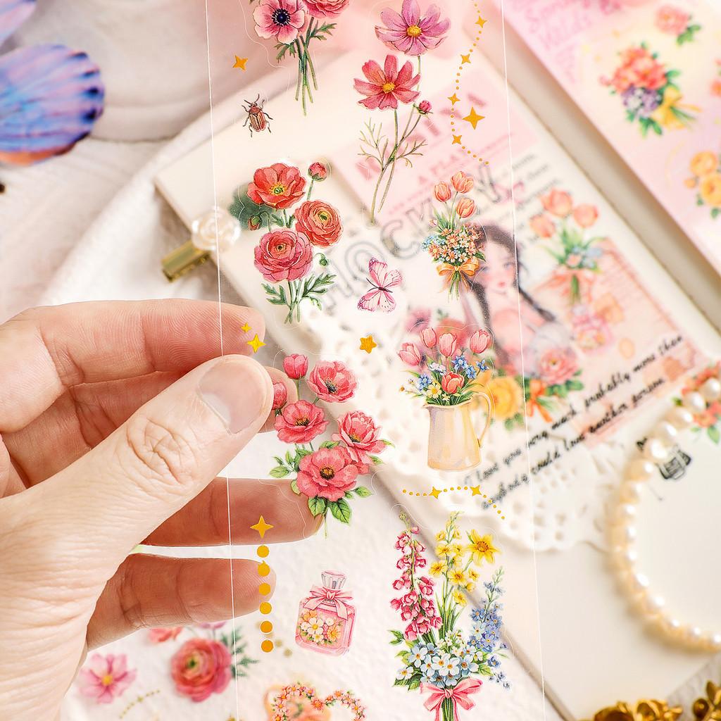 3sheets PET Flowers Stickers Decor Junk Journal DIY Scrapbooking Supplies Collage Decoration Stickers