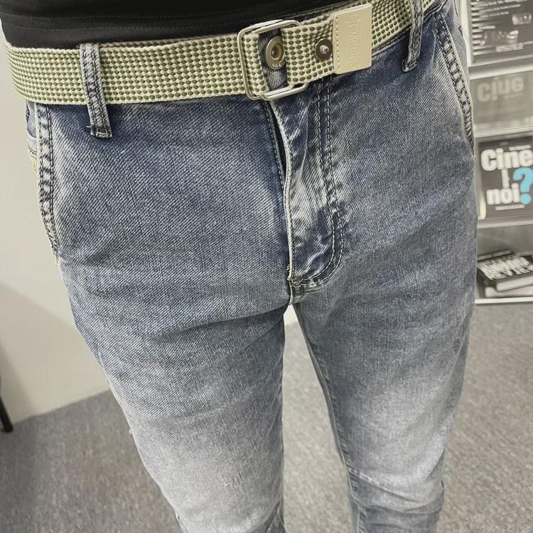 Men's Slim-Fit Light Blue Jeans with Slanted Pockets, Trendy Elastic Nine-Point Casual Pants