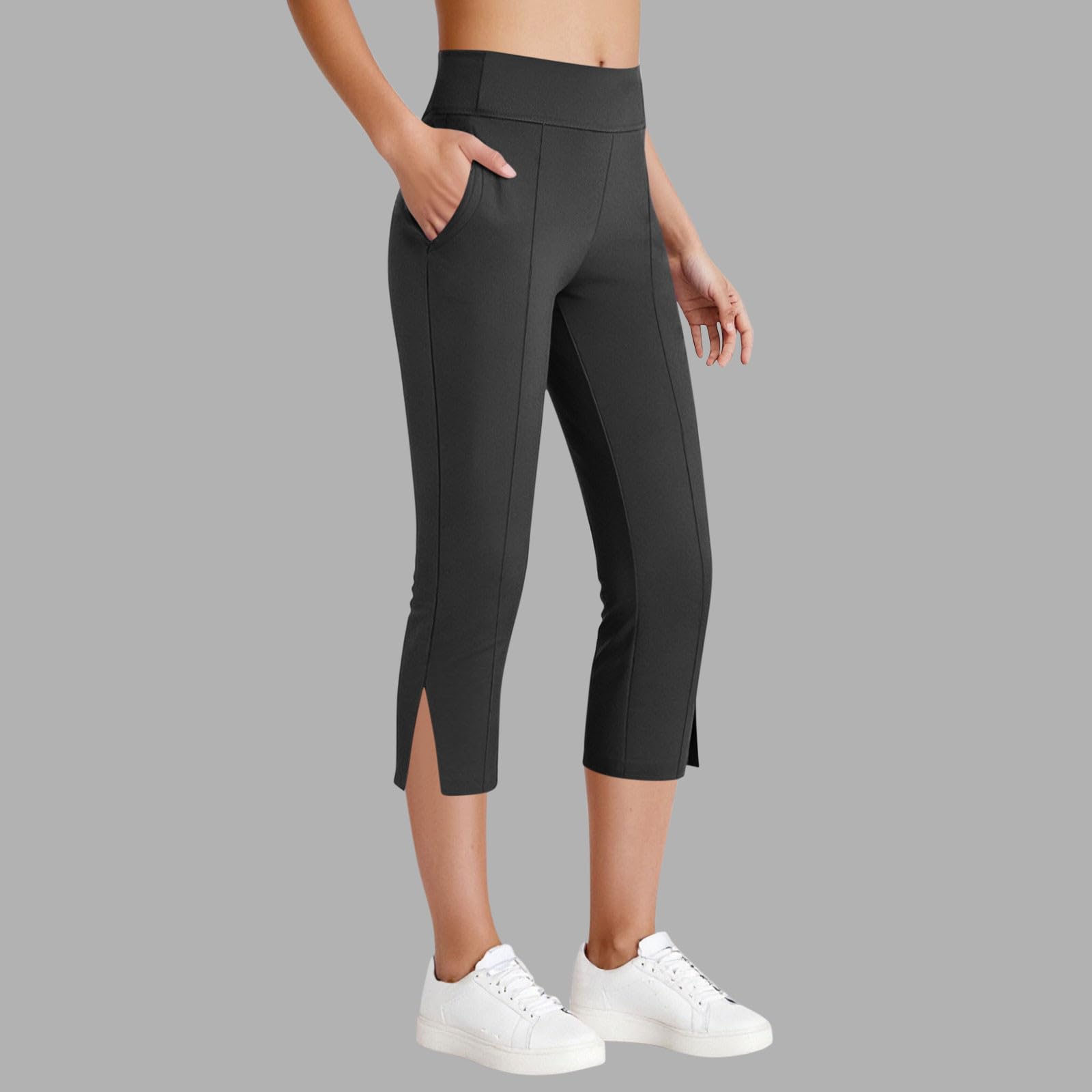 

High Waist Capri Leggings for Women Yoga Pants with Side Slits and Pockets Stretchy Athletic Workout Tights M чёрный