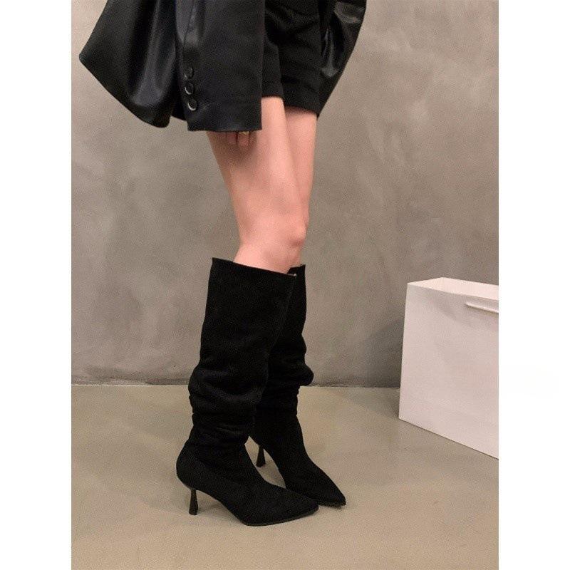 High-heeled khaki knee-piled boots women's shoes new autumn and winter pointed thin long tube