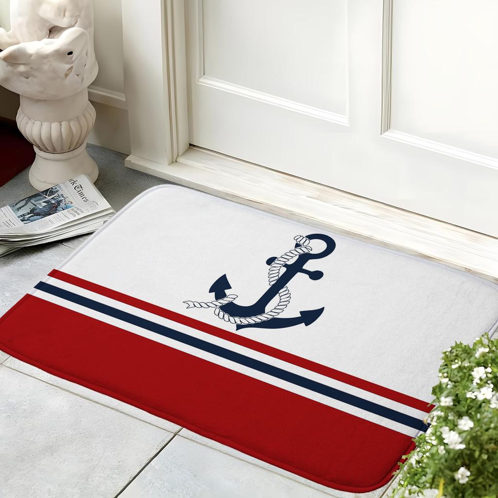 Sailing Anchor Doormat Marine Red White Navy Stripe Entrance Rug Beach House Theme Non-Slip Welcome Mat Coastal Cottage Decor