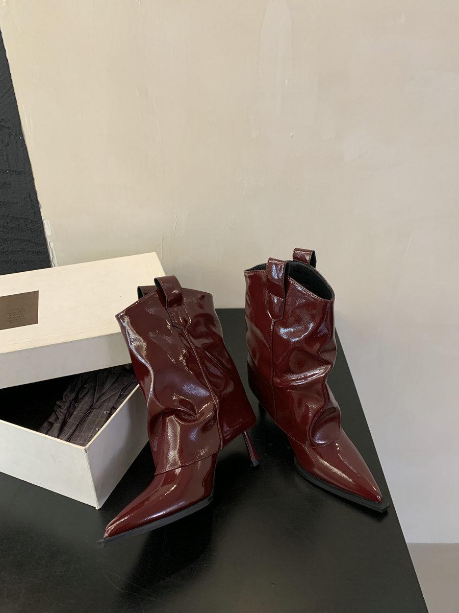 

New Designer Brand Women Boots Patent Leather Fashion Pointed Toe Short Boots Ladies Modern Sexy Thin Heels Ankle Boots Women 43 вино красного