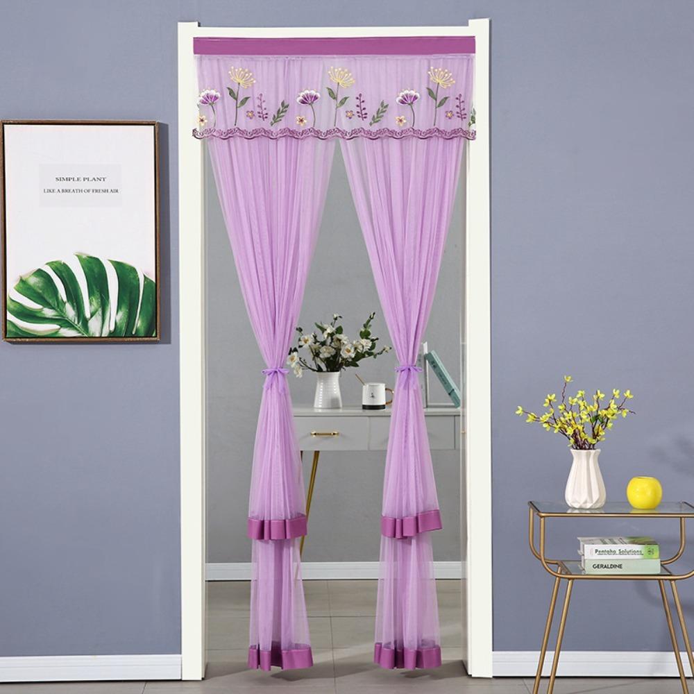 Punching Free Lace Embroidered Door Curtain Double Layer Door Drapes Entrance Curtain  Girl Room