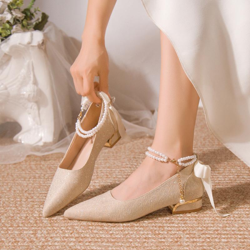 French Pointed Bridesmaid Shoes Thick Heel Wedding Shoes Female Bride High Heel Mary Jane Autumn Evening Breeze Gentle Single Shoes