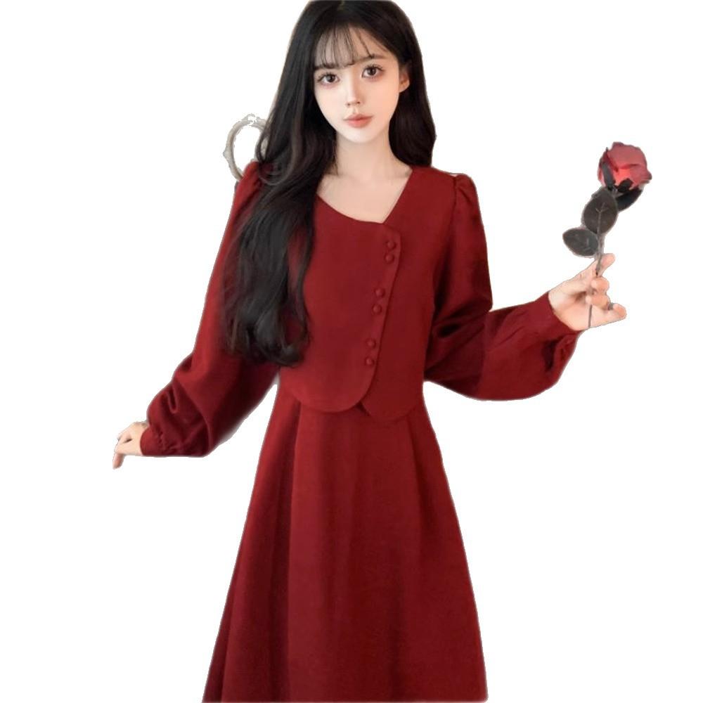 Large Size French Retro Hepburn Style Red Dress Women's Autumn and Winter Slightly Fat Mm Waist and Thin Toast Dress Long Dress