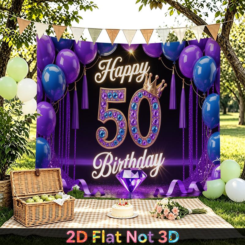 Party Backdrop Happy 50Th Birthday Birthday Blue Purple 50Th Photo Booth Background Front Door Decor