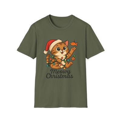 Unisex Softstyle T-Shirt Meowy Christmas Funny Cat Ornament Holiday Lights Tee