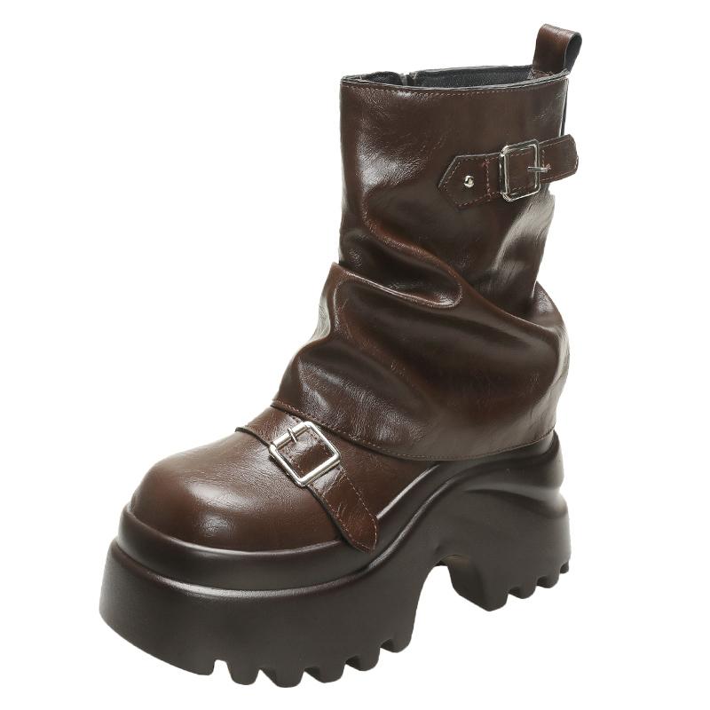 Mote Dame Skinnstøvler Nye Vinter Motorsykkelstøvler 9.5CM Kilehæler Høy Plattform Chunky Sko Kvinne Høst Tykk Såle Punk Støvler