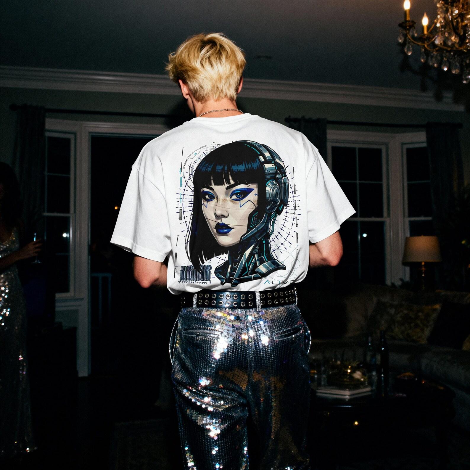 Cyberpunk AI Techno Girl T-shirt | Futuristic Android Mecha Back Print XL