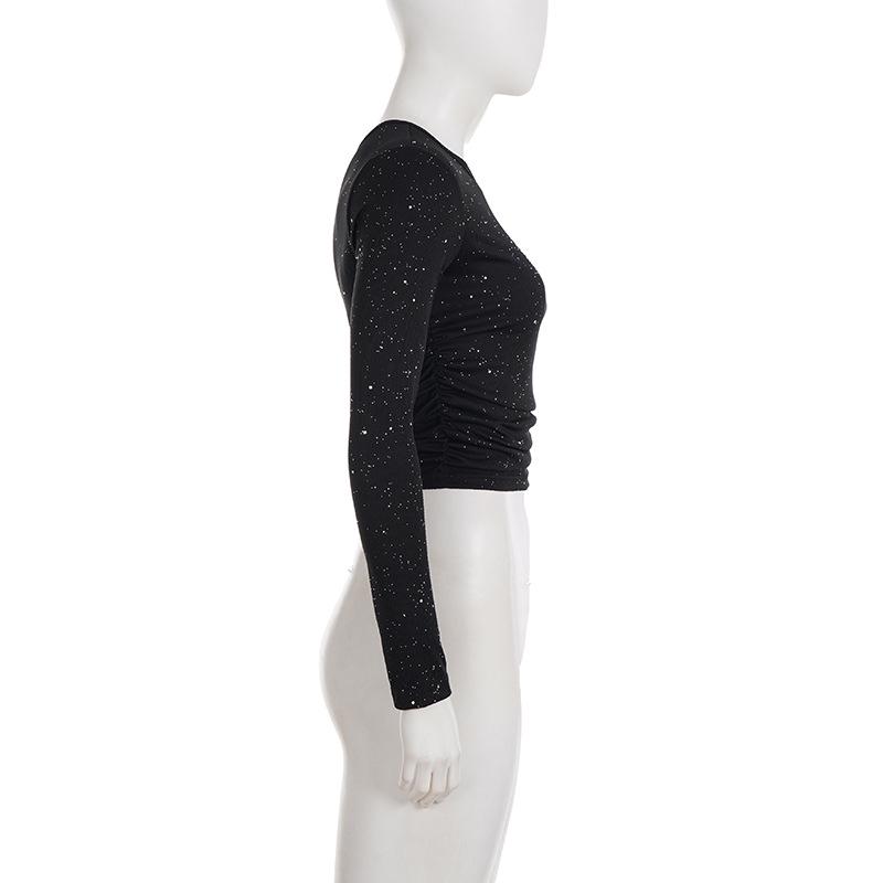 Women's Off-Shoulder Rhinestone Waist-Cinching Long-Sleeve Top