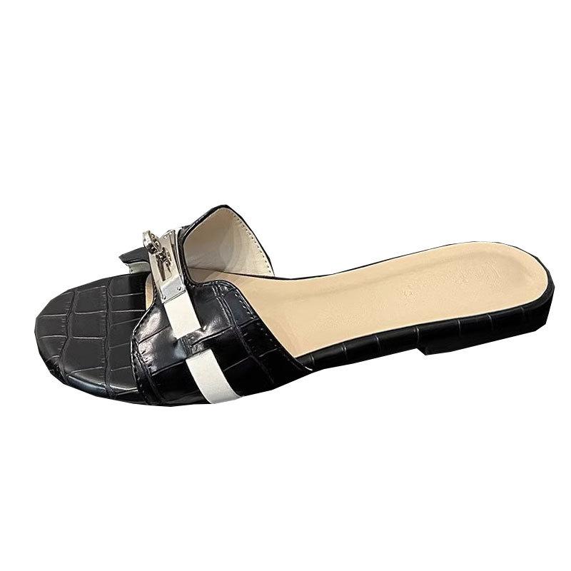 Weiche Lederversion~ Ein-Wort-Slipper Damen 2025 neue Sommerkleidung kleine goldene Schnalle Sandalen weiche Sohle Strand-Slipper