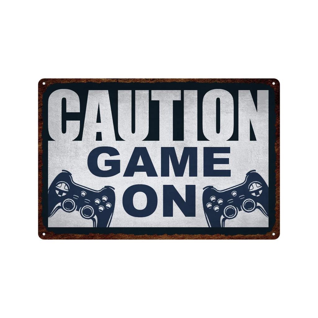 Vintage Game Zone Tin Sign  Gamer At Work Warning Metal Wall Decor for Home Club Game Room Man Cave