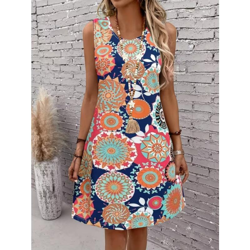 Women's Fashionable Printed Casual Sleeveless Dress, Machine Washable, Comfortable and Versatile
