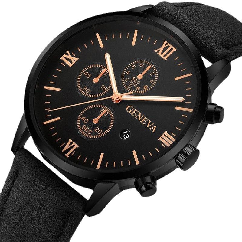 High-demand Men’s Geneva Quartz Watch – New Business & Casual Style with Calendar and Leather Strap.