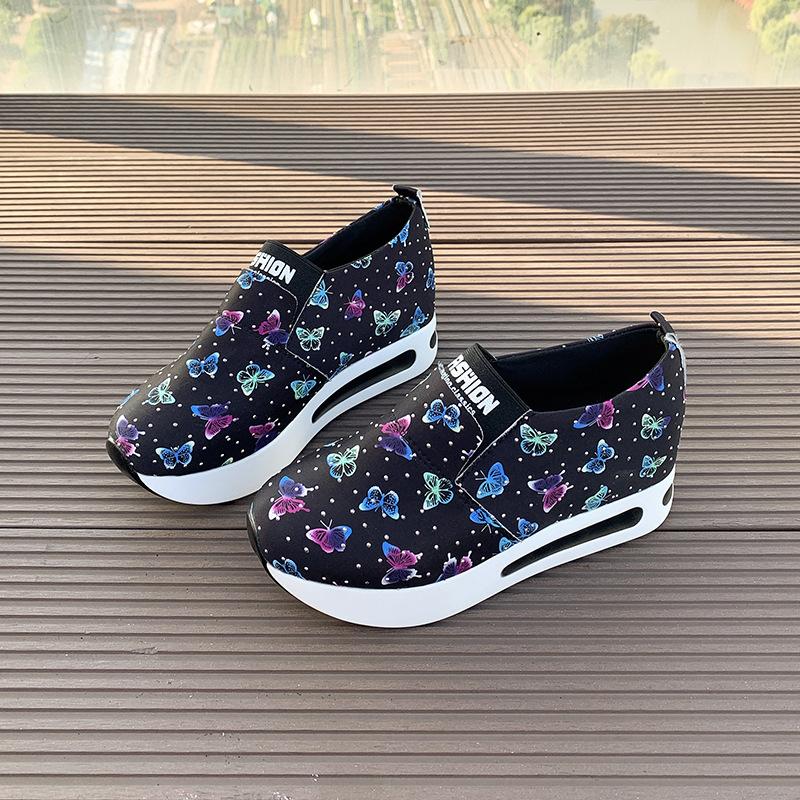 Dámské sportovní boty velké velikosti s kulatou špičkou tlustá podrážka pro volný čas, jednoduché boty s potiskem barevného motýla, tenisky 35-42