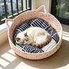 Cat Basket Bed with Cushion Cat Ear Cotton Rope Woven Pet Bed Breathable Cat Basket for Indoor Cats All Season Use