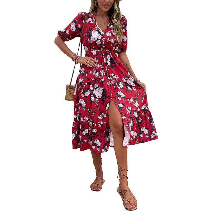 Dámské letní květinové šaty s výstřihem do V, krátkým rukávem a vysokým pasem