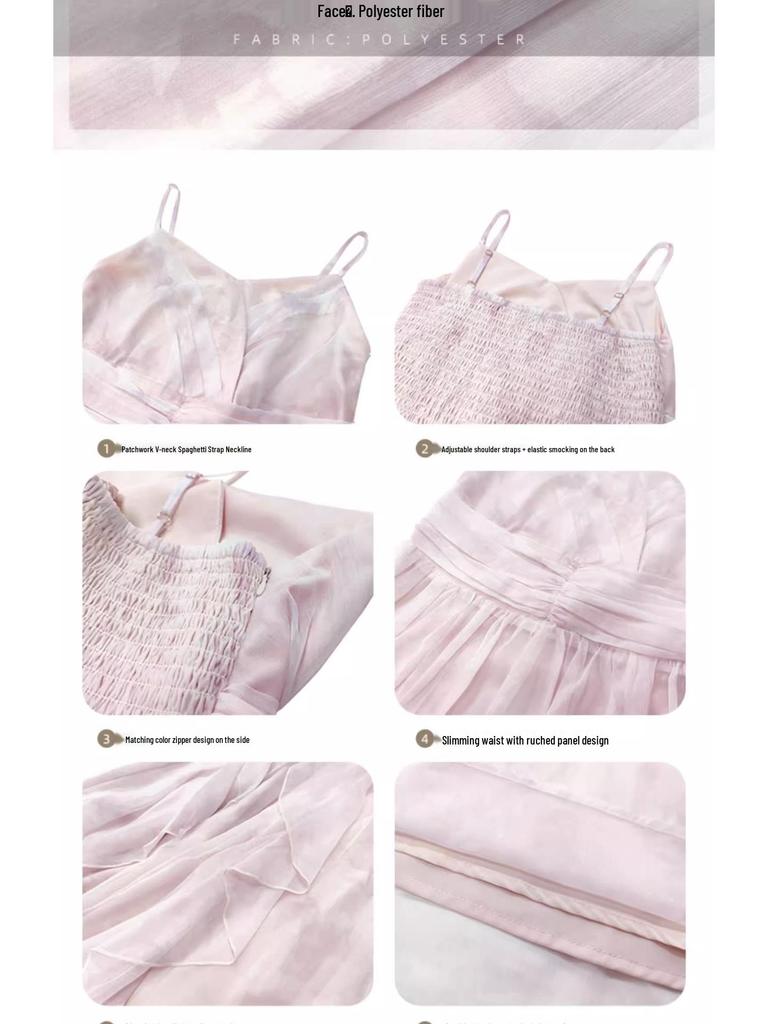 Chuqing French High-Waisted Pleated Chiffon Summer Dress - Spaghetti Strap, Long, Ruffled, Elegant Vacation Wear.