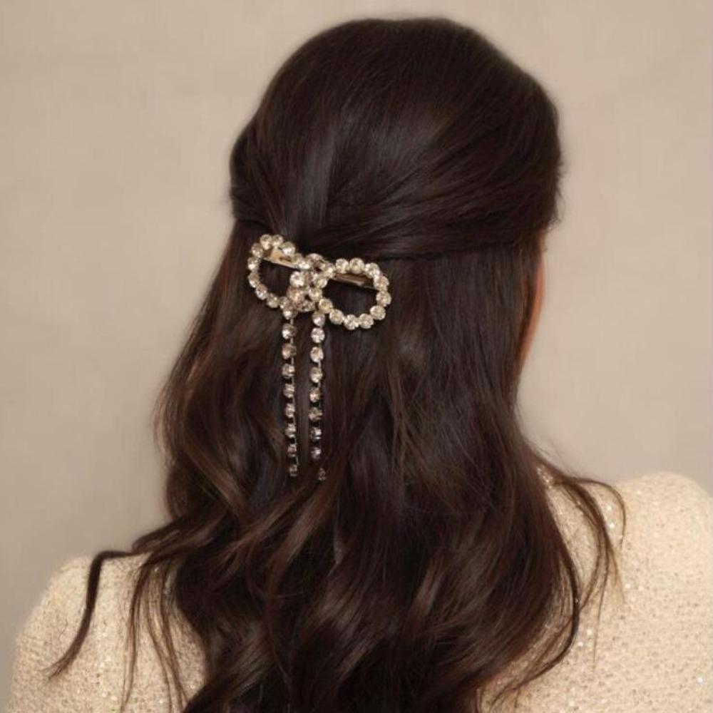 Vintage Ponytail Hair Clip Elegant Shiny Tassel Spring Clip Exquisite Luxury Rhinestone Bow Hairpins Hair Accessories