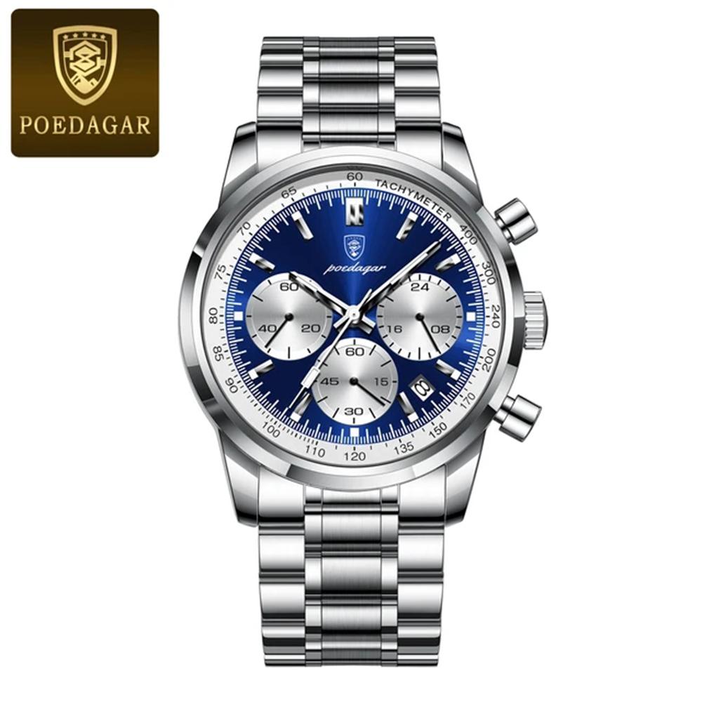 POEDAGAR Luxus Herrenuhr Wasserdicht Chronograph Leuchtende Armbanduhr Edelstahl Herren Quarz Uhr Lässige Uhr
