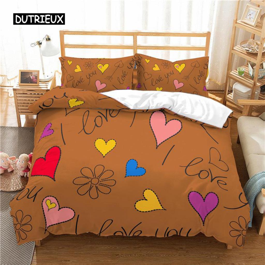 Love Heart Duvet Cover Set Cartoon Fun Colorful Hearts Quilt Cover Twin Romantic Style I Love You Polyester Bedding Set for Teen