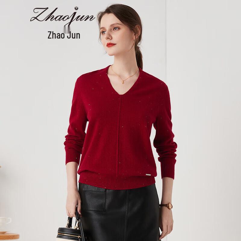 Zhaojun Women's V-Neck Pure Cashmere Beaded Sweater