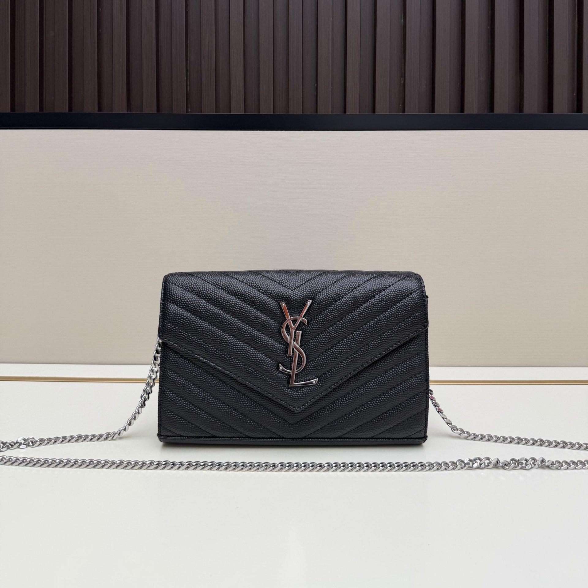 Neue YSL Handtasche: Mini Dionysus Kaviar Rindsleder Umhängetasche mit Kette 22.5 x 14 x 4 CM schwarz/silber